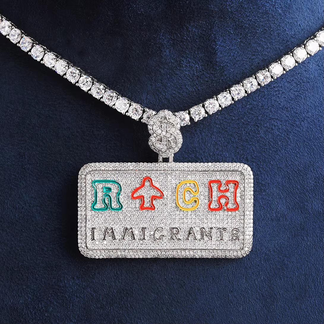 Bubble Letter Iced Out Rich Immigrant Necklace Pendant for Men Real Gold Plated Cubic Zirconia Hip Hop Jewelry
