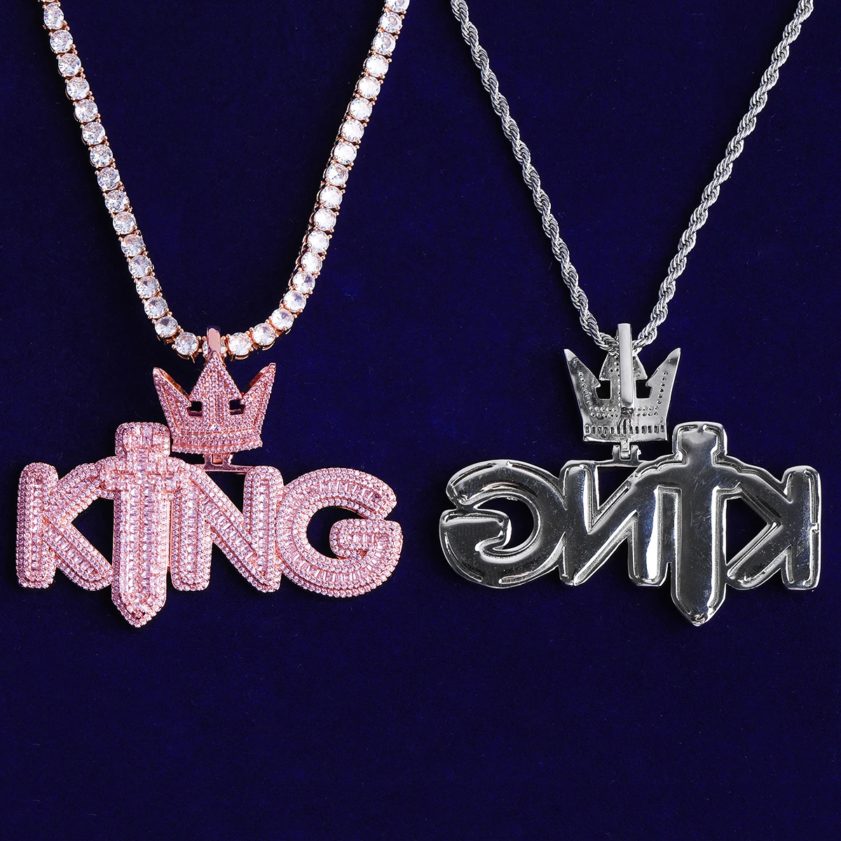 Bubble Letter Iced Out King Sword Crown Bail Necklace Pendant for Men Prong Setting 5A Cubic Zirconia Hip Hop Jewelry