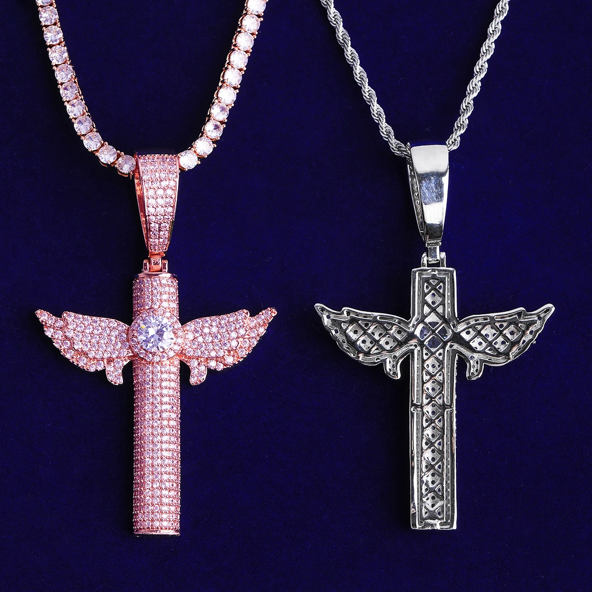 Bubble Letter Iced Out Wing Cross Necklace Pendant for Men Prong Setting 5A Cubic Zirconia Hip Hop Jewelry