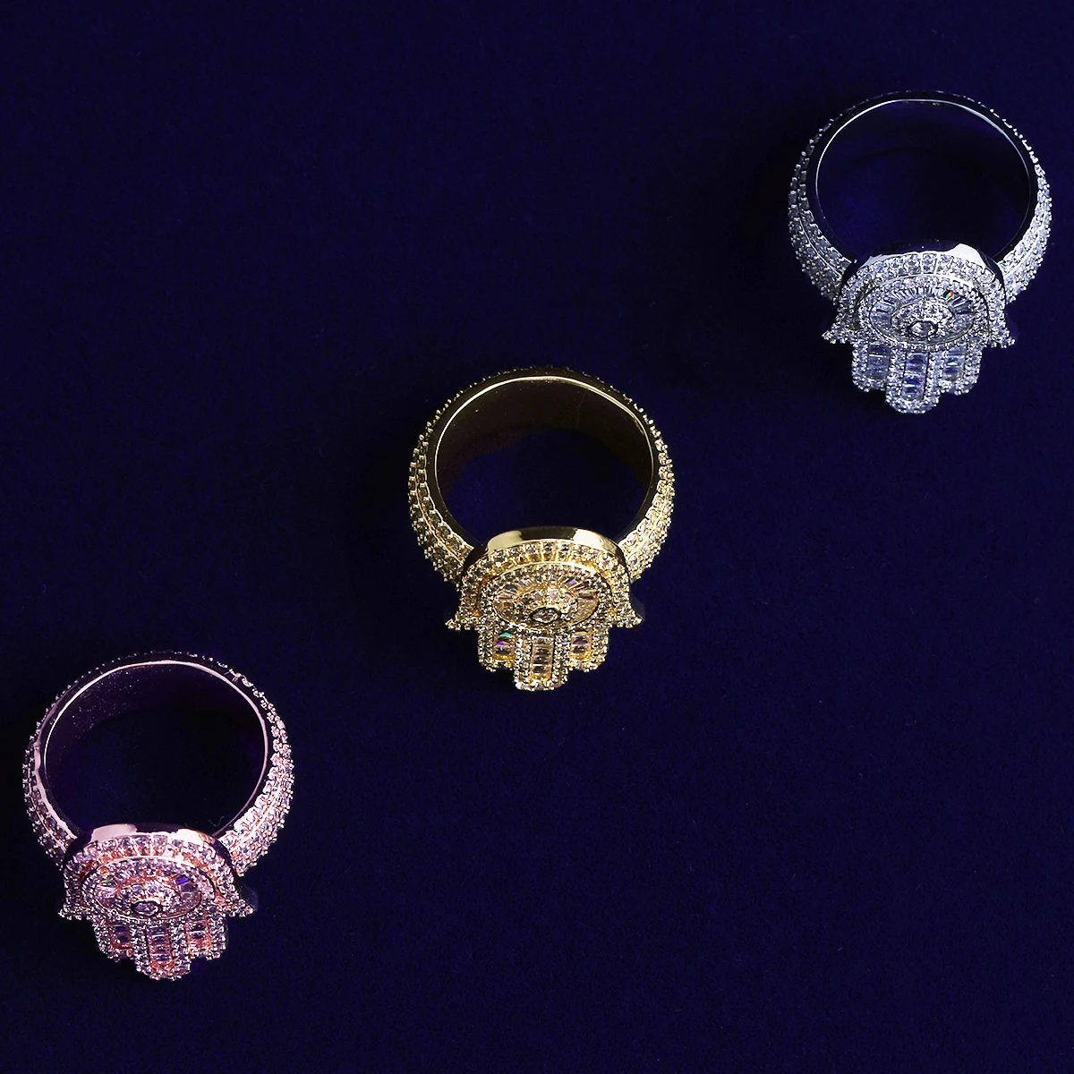 Bubble Letter Iced Out Hamsa Hand Ring for Men Real Gold Plated Cubic Zirconia Hip Hop Jewelry