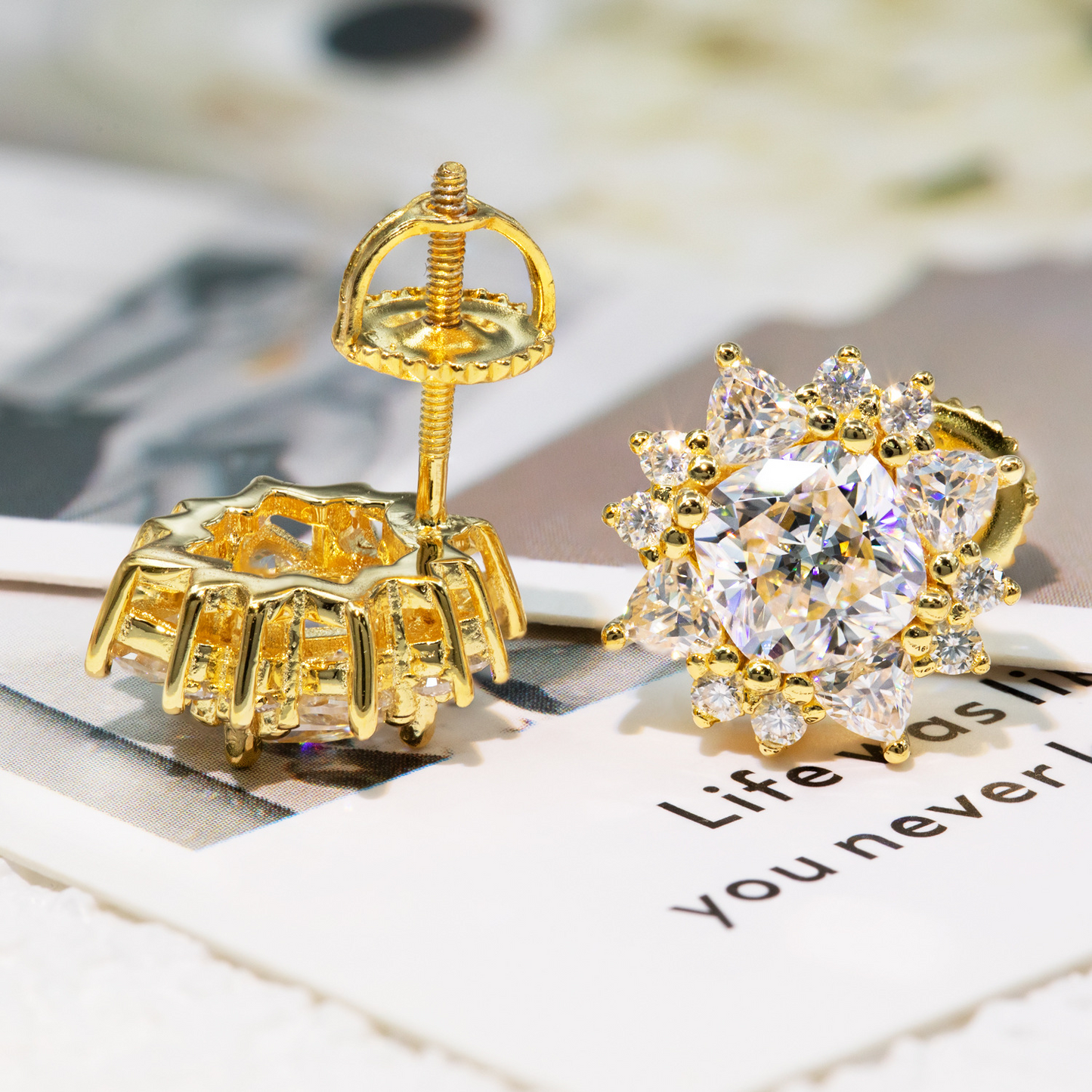 Bubble Letter Silver Moissanite VVS Edge Flower Stud Earring for Men Hip Hop Jewelry