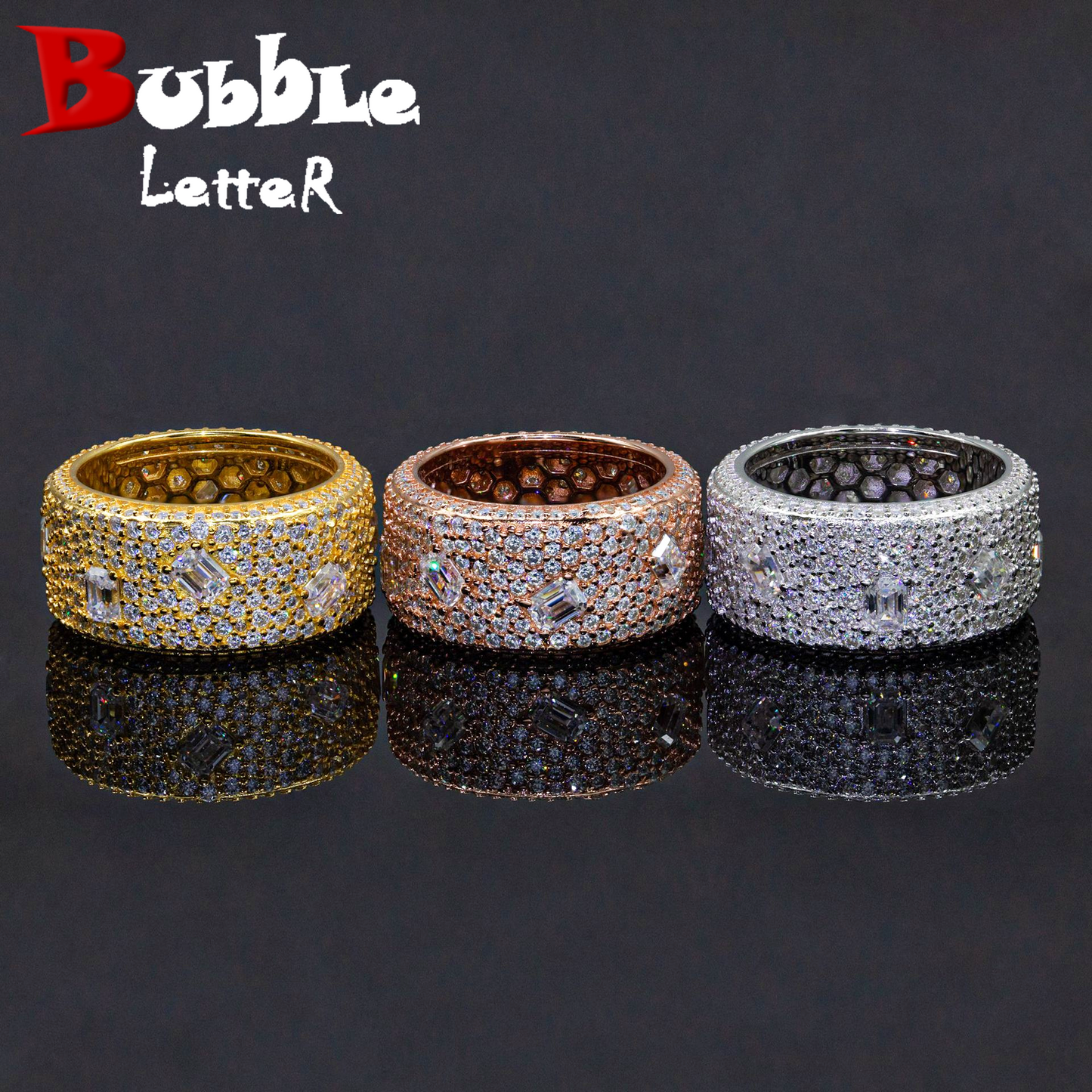 Bubble Letter Silver Moissanite VVS Baguette Dot Circle Ring for Men Hip Hop Jewelry