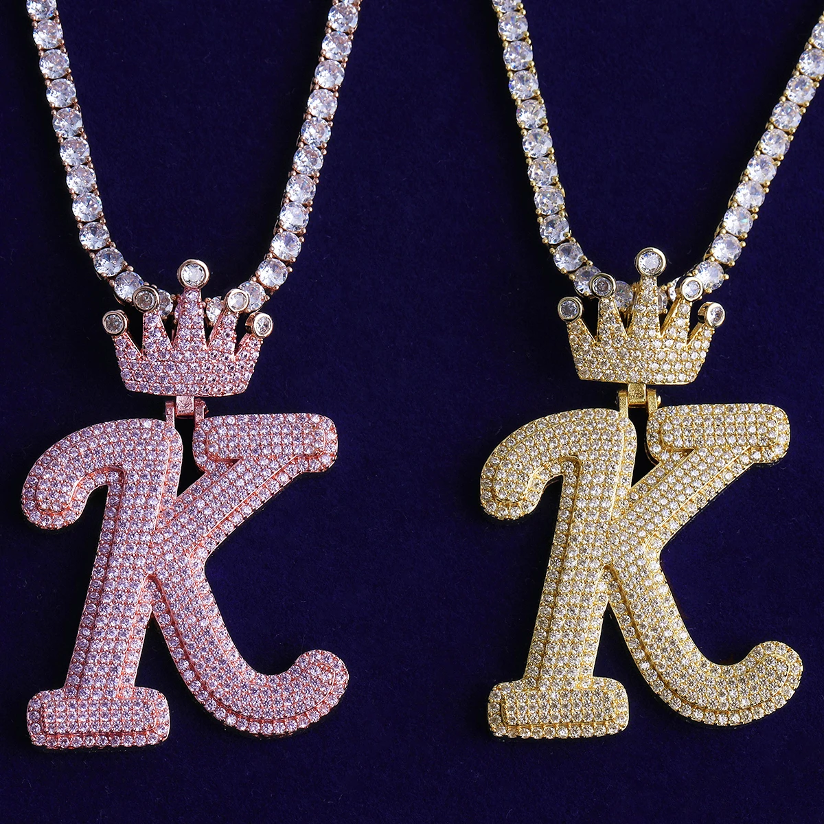 Bubble Letter Iced Out Initial Letter K Crown Bail for Men Necklace Pendant Real Gold Plated Cubic Zirconia Hip Hop Jewelry