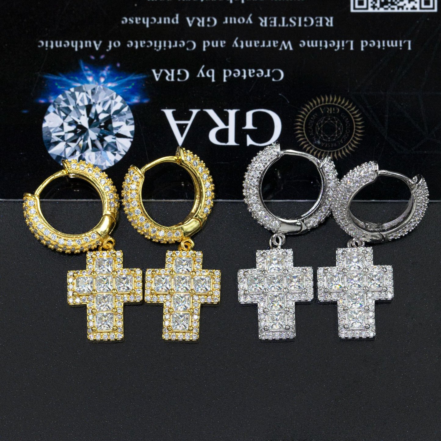 Bubble Letter Silver Moissanite VVS Baguette Cross Eardrop Earring for Men Hip Hop Jewelry