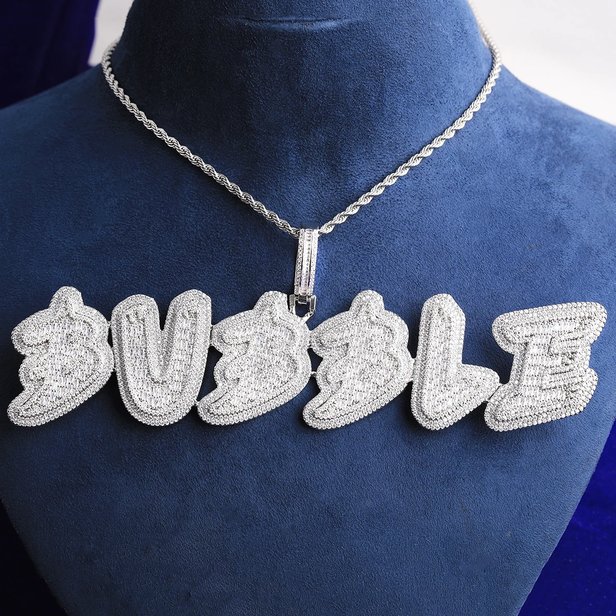 Bubble Letter Name Necklace Pendant Baguette Custom Chains Iced Out Cubic Zirconia Paved Setting Personalized Hip Hop Jewelry