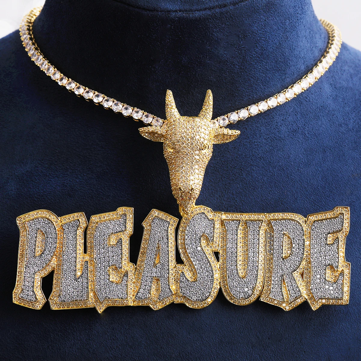 Bubble Letter Iced Out Goat Bail Custom Name Necklace Pendant for Men Personalized Charm Real Gold Plated Hip Hop Jewelry