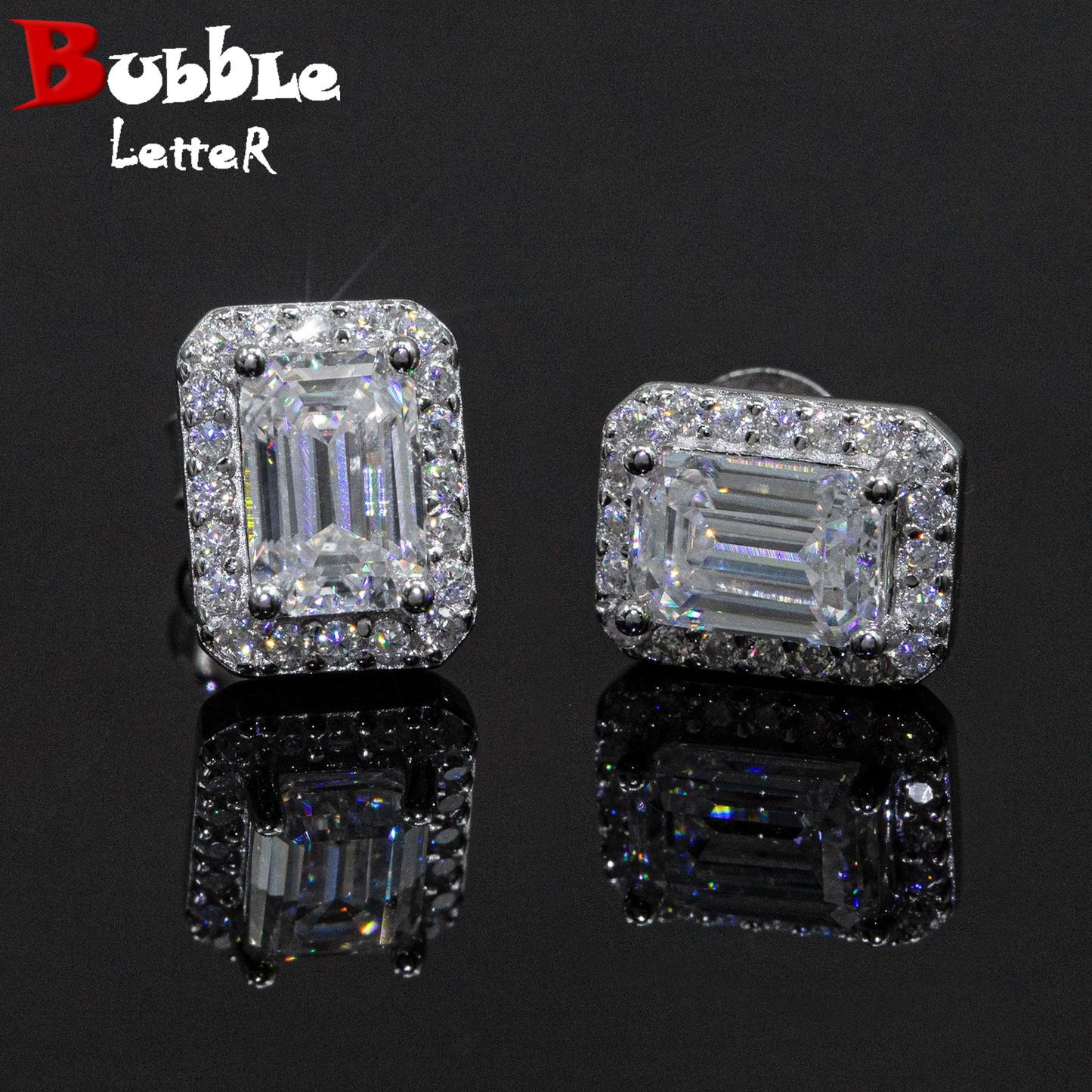 Bubble Letter Silver Moissanite VVS Rectangle Baguette Stud Earring for Men Hip Hop Jewelry