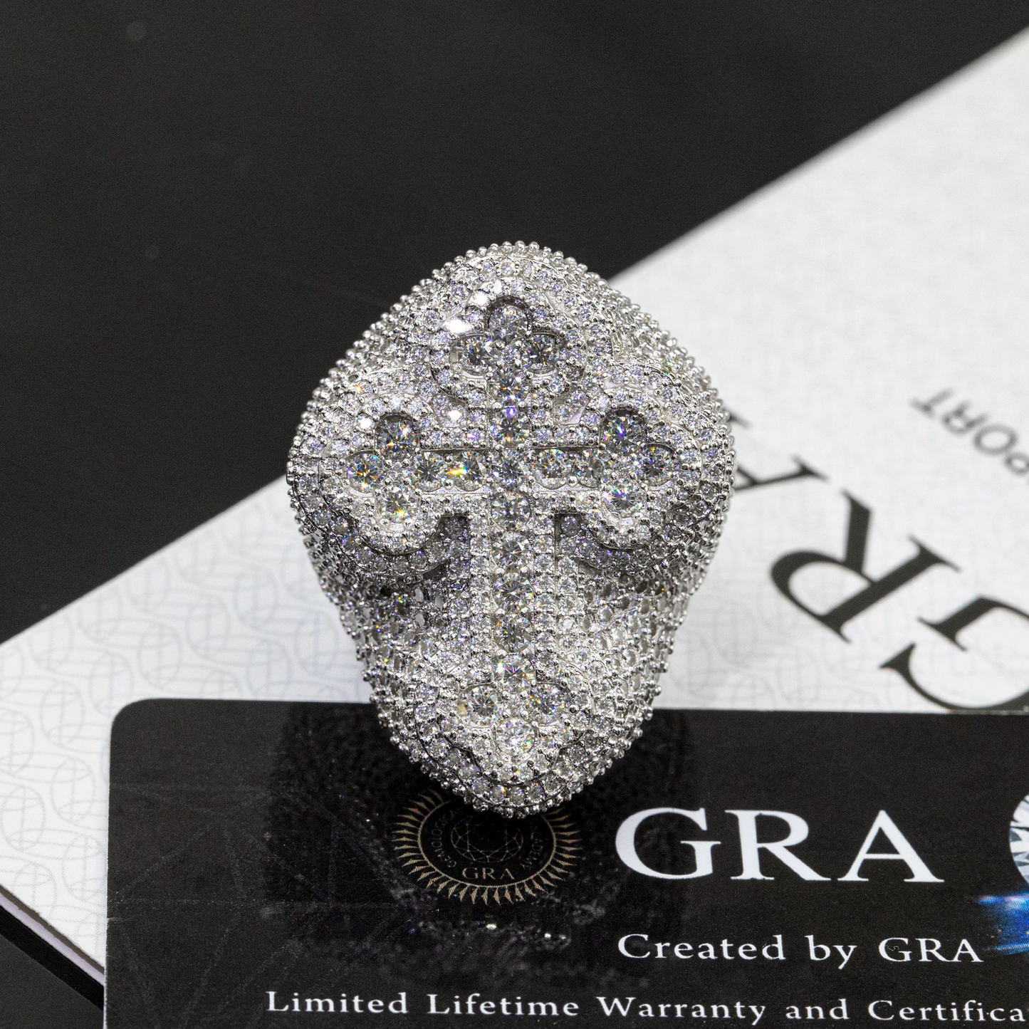 Bubble Letter Silver Moissanite VVS Baguette Flower Cross Ring for Men Hip Hop Jewelry