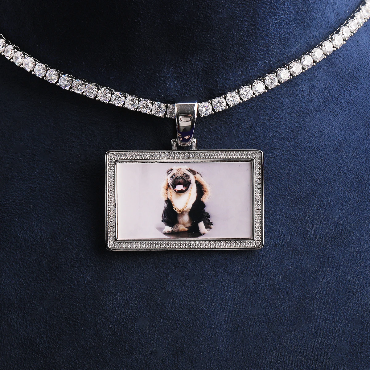 Bubble Letter Iced Out Rectangle Custom Photo Necklace Pendant for Men Real Gold Plated Cubic Zirconia Hip Hop Jewelry