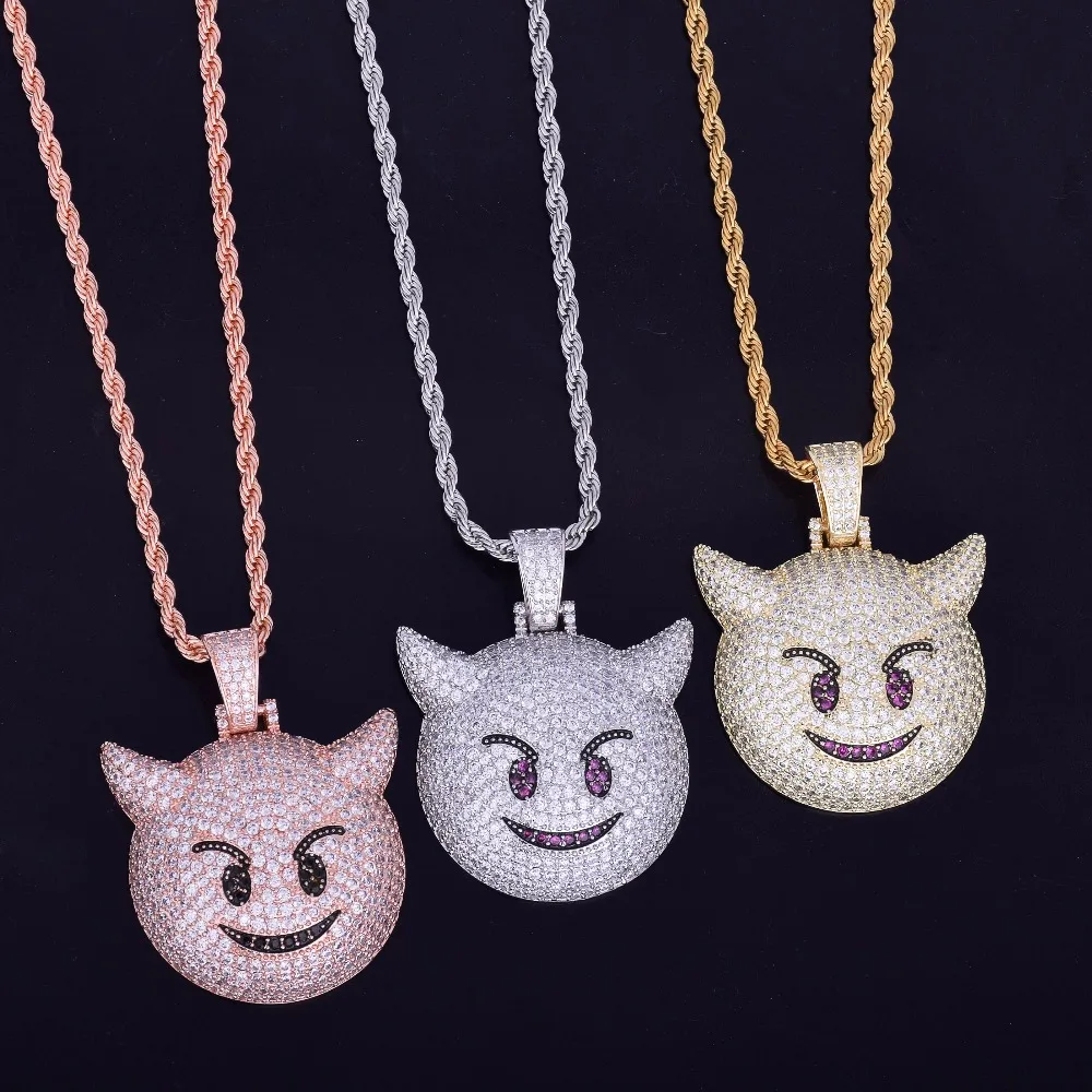 Bubble Letter Demon Evil Expression Necklace & Pendant Gold Color Plated Bling Zircon Hip Hop Rock Street Jewelry