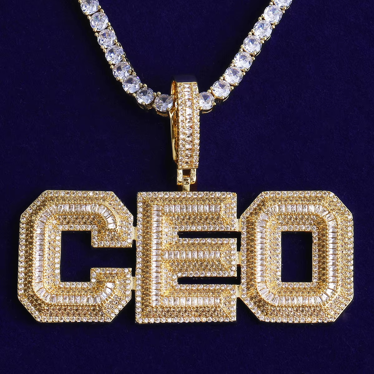 Bubble Letter Iced Out Text Letter CEO Necklace Pendant for Men Real Gold Plated Cubic Zirconia Hip Hop Jewelry