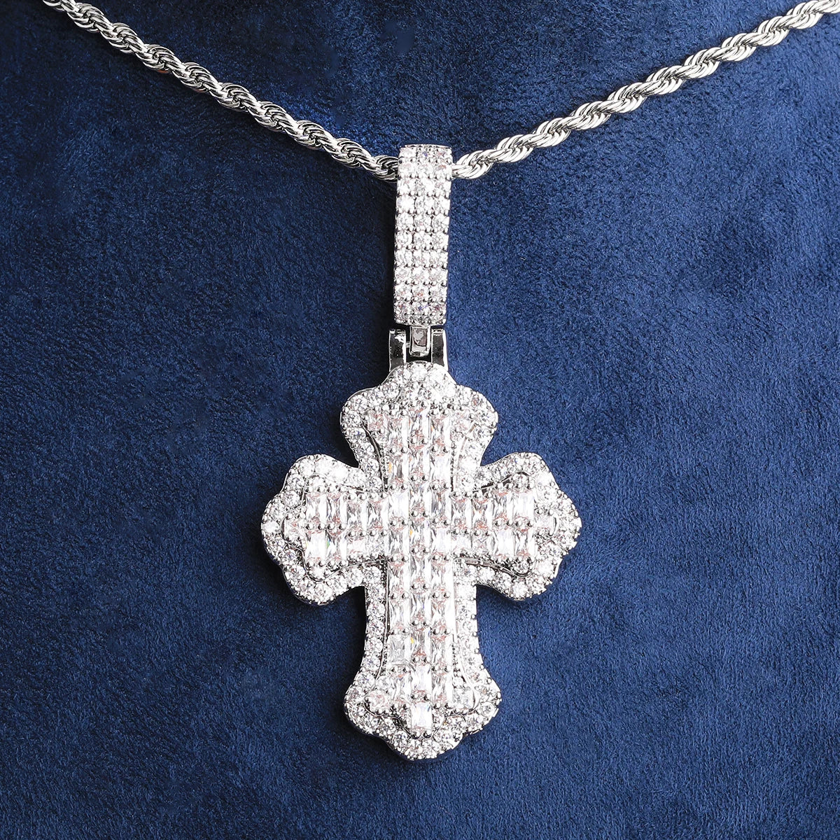 Bubble Letter Iced Out Baguette Cross Necklace Pendant for Women Real Gold Plated Hip Hop Jewelry
