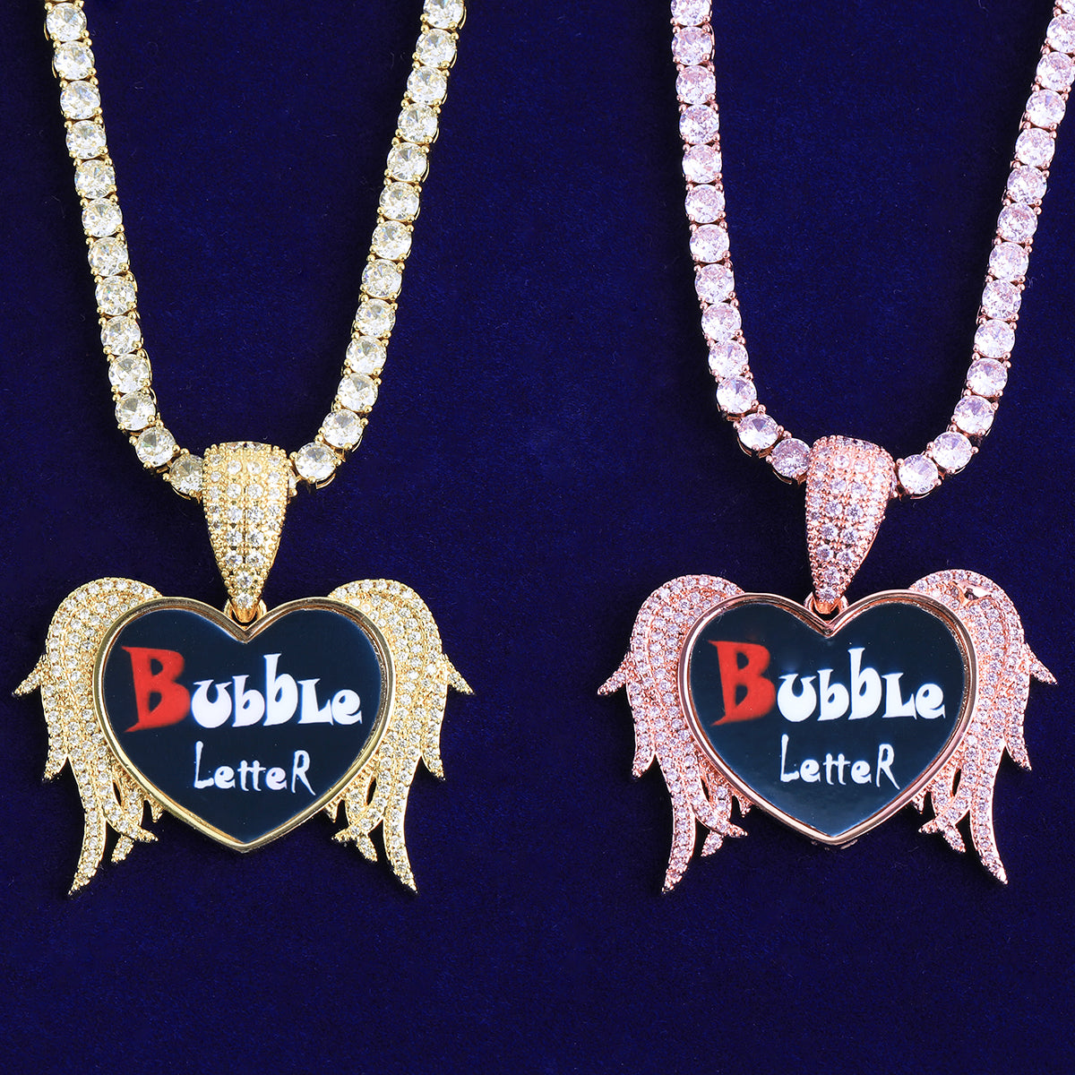 Bubble Letter Iced Out Heart Custom Photo Necklace Pendant for Women Real Gold Plated 5A Cubic Zirconia Hip Hop Jewelry