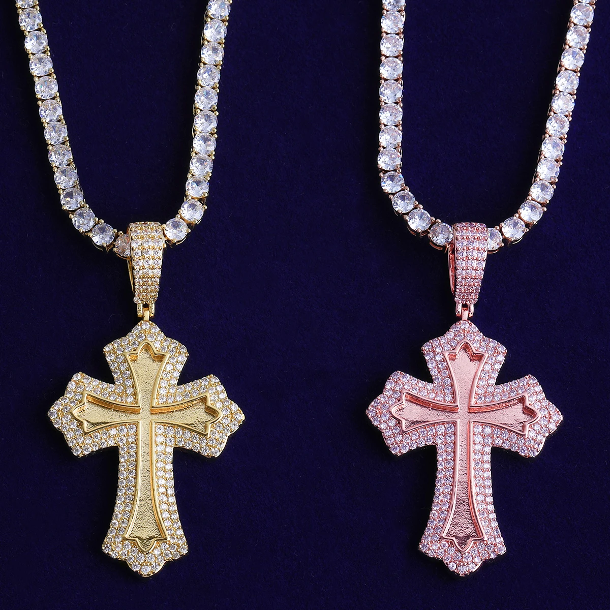 Bubble Letter Iced Men Cross Necklace Pendant Real Gold Plated Cubic Zirconia Hip Hop Jewelry