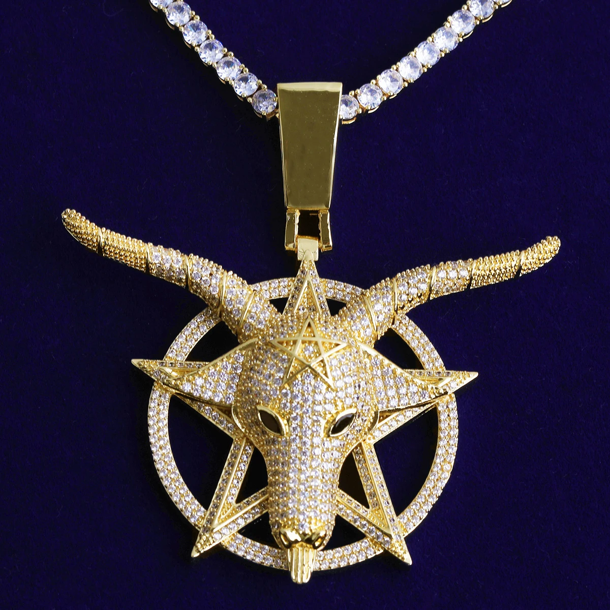 Bubble Letter Iced Out Goat Star Circle Necklace Pendant for Men Real Gold Plated Cubic Zirconia Hip Hop Jewelry