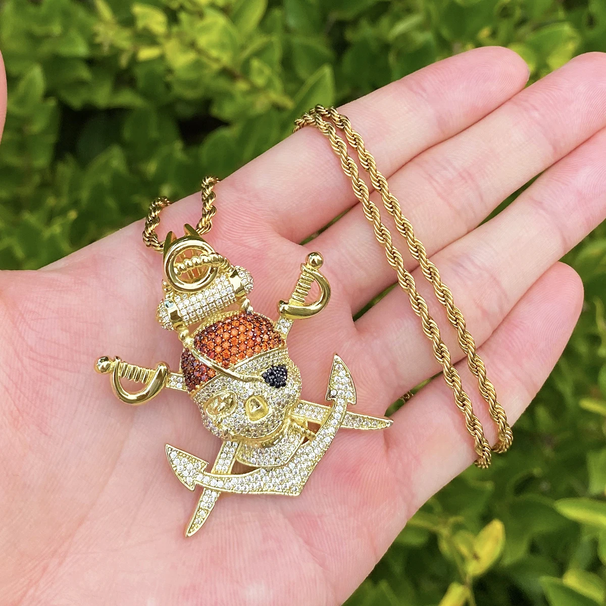 Bubble Letter Iced Out Pirate Anchor Necklace Pendant for Men Prong Setting 5A Cubic Zirconia Hip Hop Jewelry