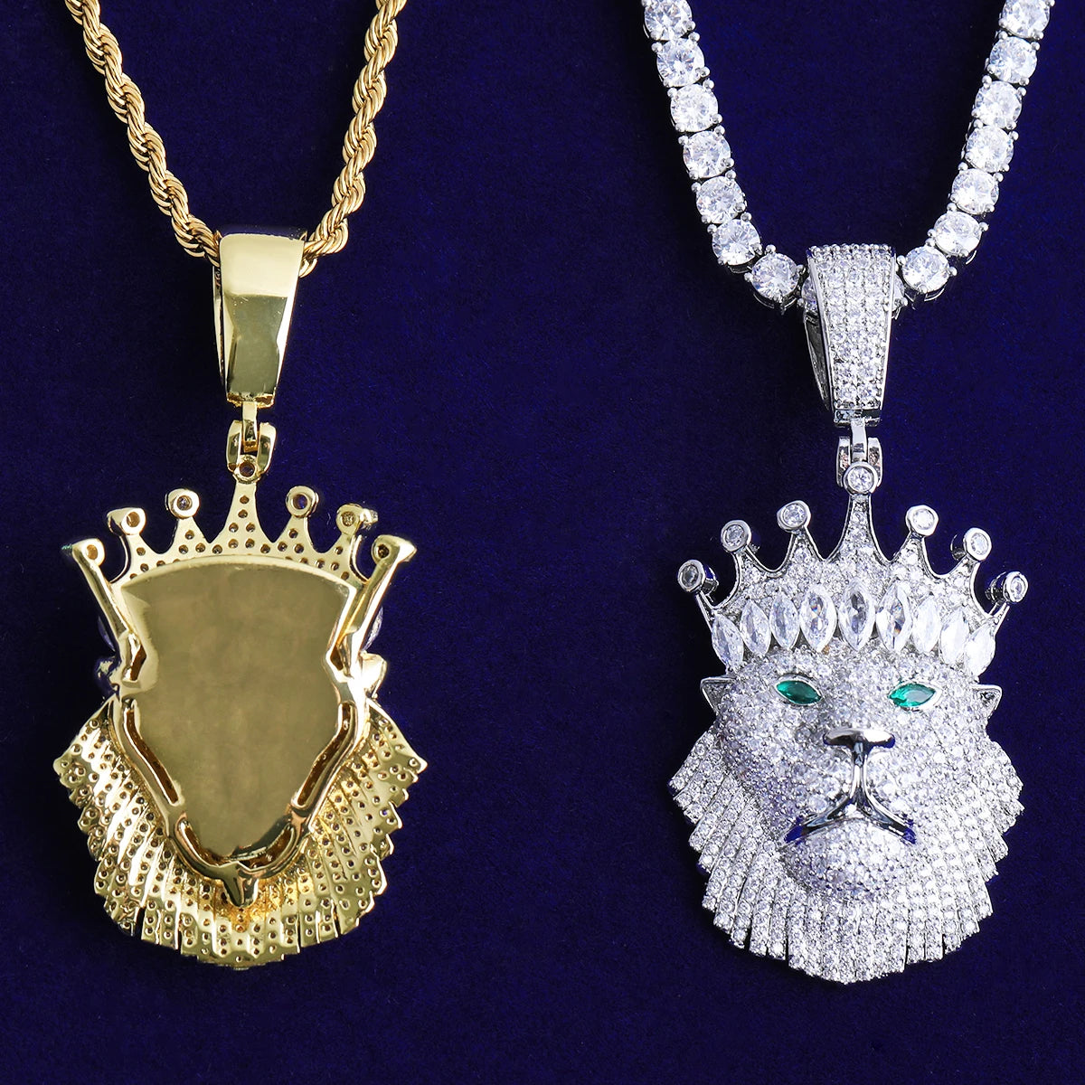 Bubble Letter Iced Out Crown Lion Green Eye Necklace Pendant for Men Real Gold Plated 5A Cubic Zirconia Hip Hop Jewelry