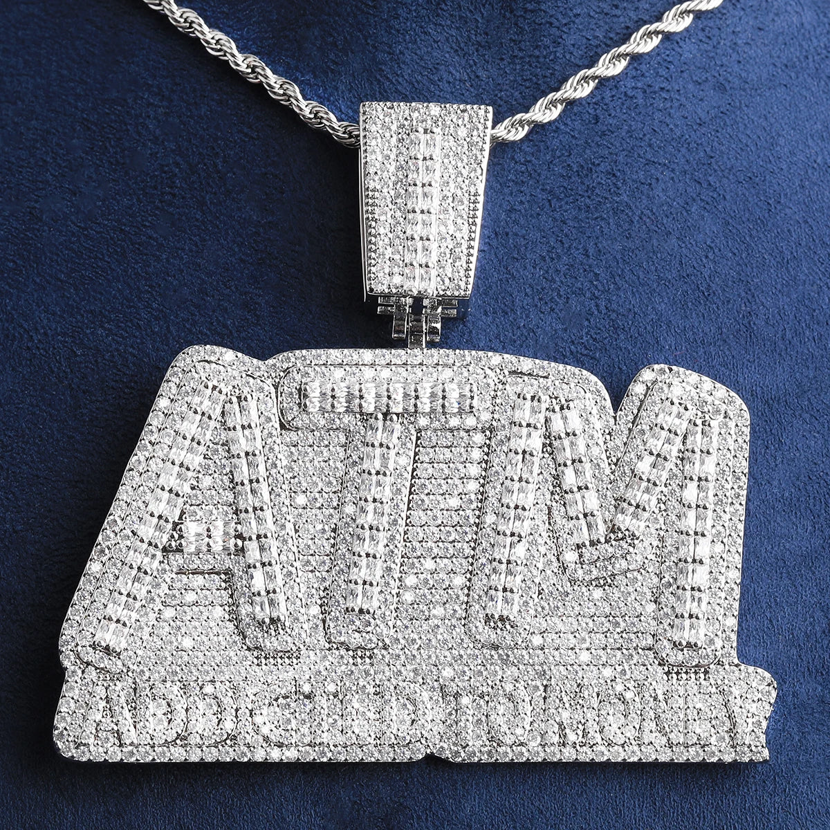 Bubble Letter Iced Out ATM Addicted to Money Necklace Pendant for Men Real Gold Plated 5A Cubic Zirconia Hip Hop Jewelry