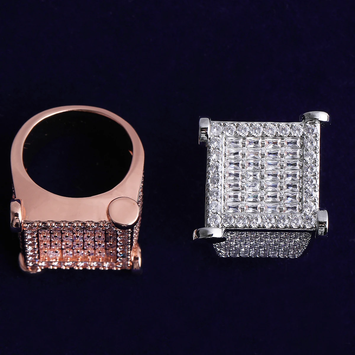 Bubble Letter Iced Out Nail Square Baguette Ring for Men Real Gold Plated Cubic Zirconia Hip Hop Jewelry