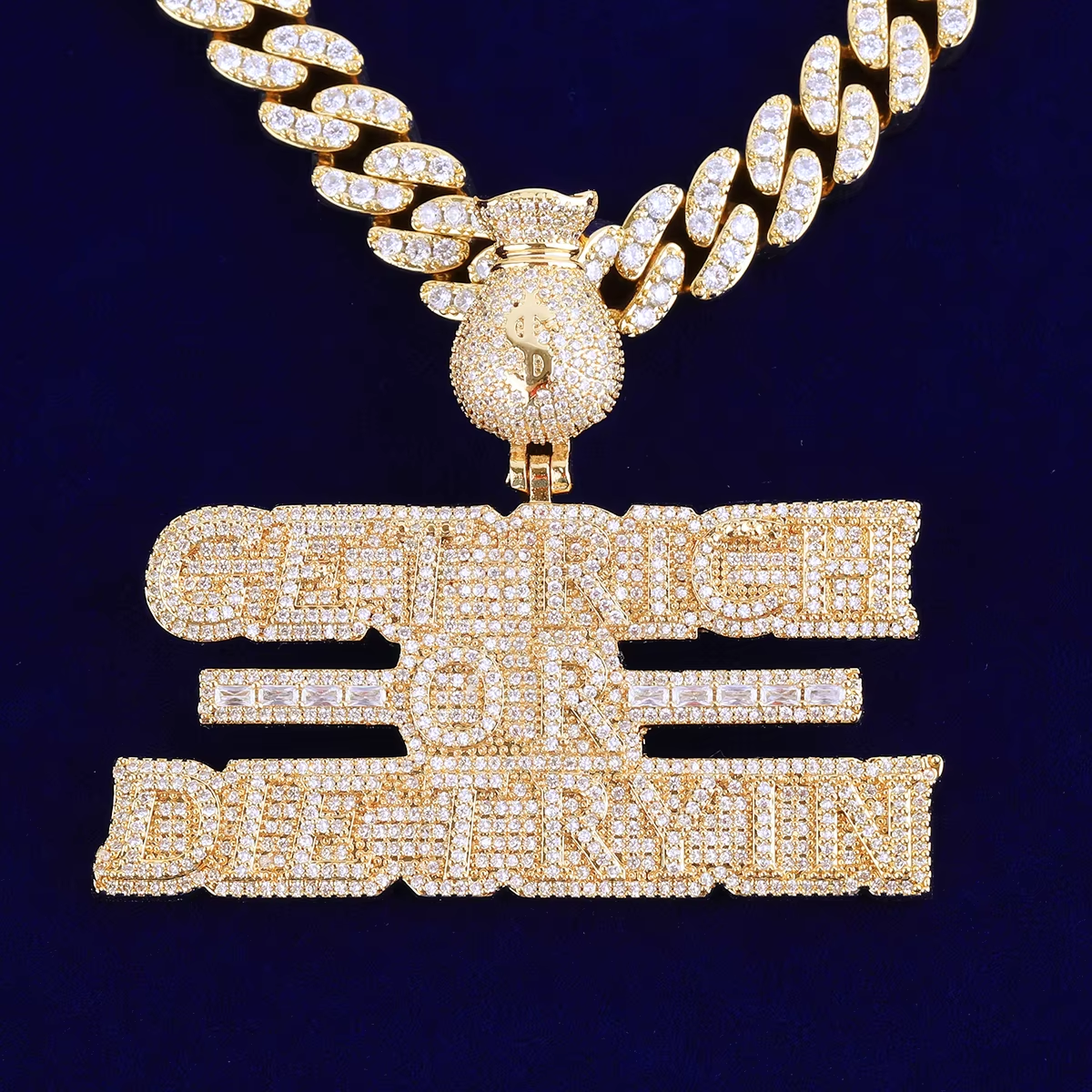 Bubble Letter Iced Out Necklace Pendant for Men Real Copper Get Rich Hip Hop Jewelry