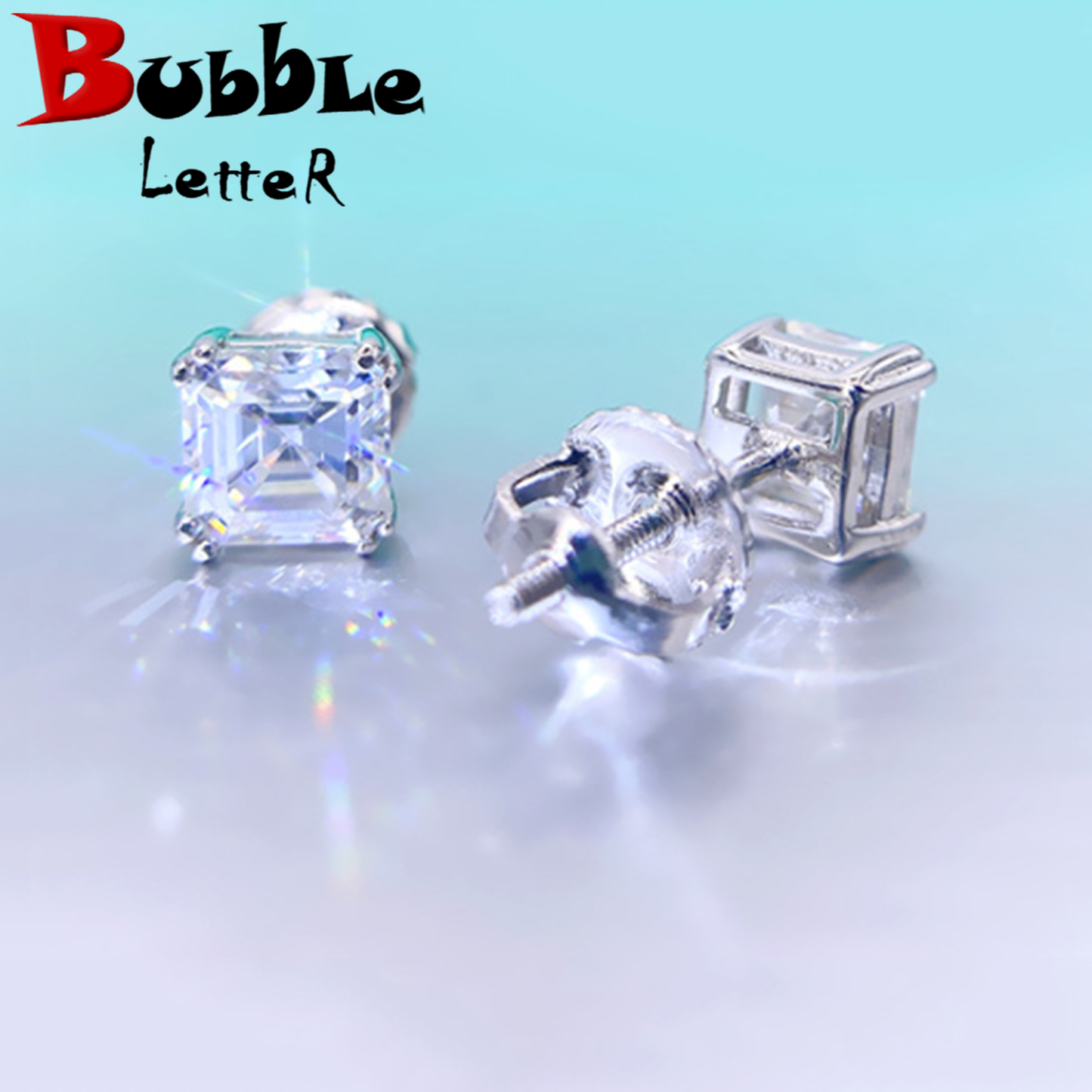 Bubble Letter Silver Moissanite VVS Baguette Square Stud Earring for Men Hip Hop Jewelry