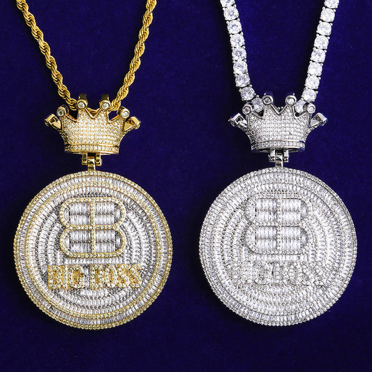 Bubble Letter Iced Out Big Boss Crown Bail Necklace Pendant for Men 5A Cubic Zirconia Gold Plated Hip Hop Jewelry