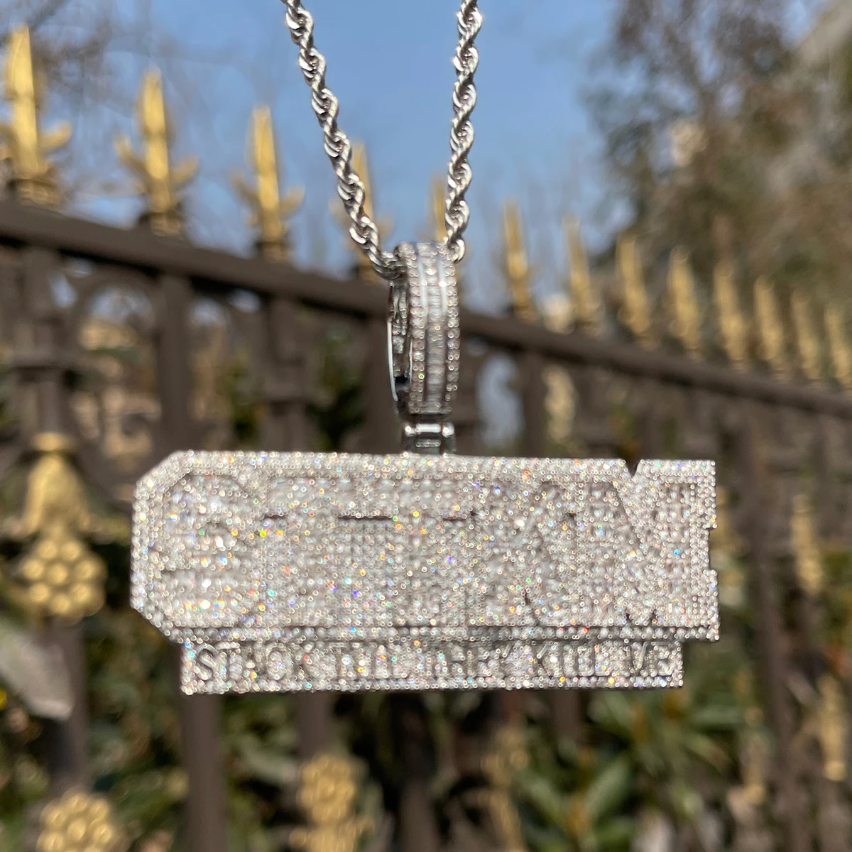 Bubble Letter Iced Out Necklace for Men Stack Till They Kill Me Pendant 5A Cubic Ziconia Real Gold Plated Hip Hop Jewelry