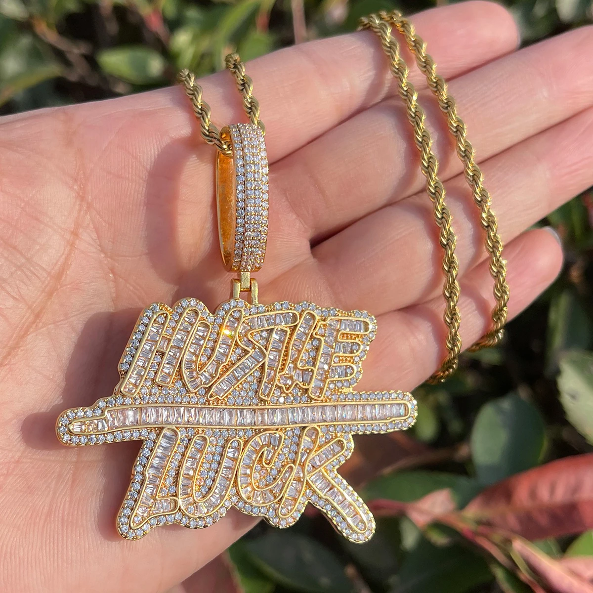 Bubble Letter Iced Out Hustle Luck Necklace Pendant for Men Real Gold Plated Cubic Zirconia Hip Hop Jewelry