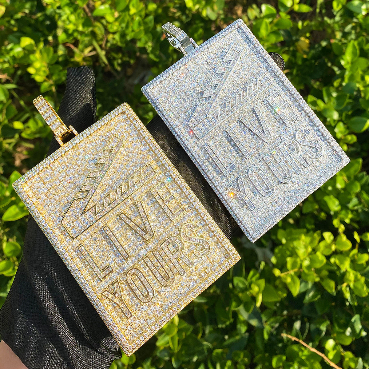 Bubble Letter Iced Out Big Live Yours Tag Necklace Pendant for Men 5A Cubic Zirconia Gold Plated Hip Hop Jewelry