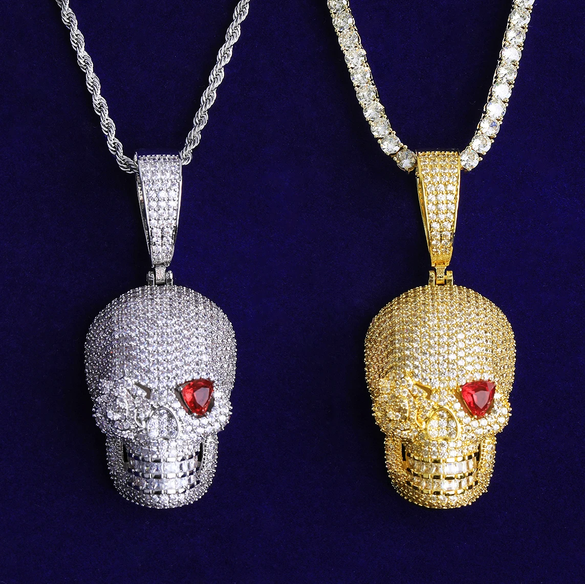 Bubble Letter Iced Out Rose Flower Red Eye Skull Necklace Pendant for Men Prong Setting 5A Cubic Zirconia Hip Hop Jewelry