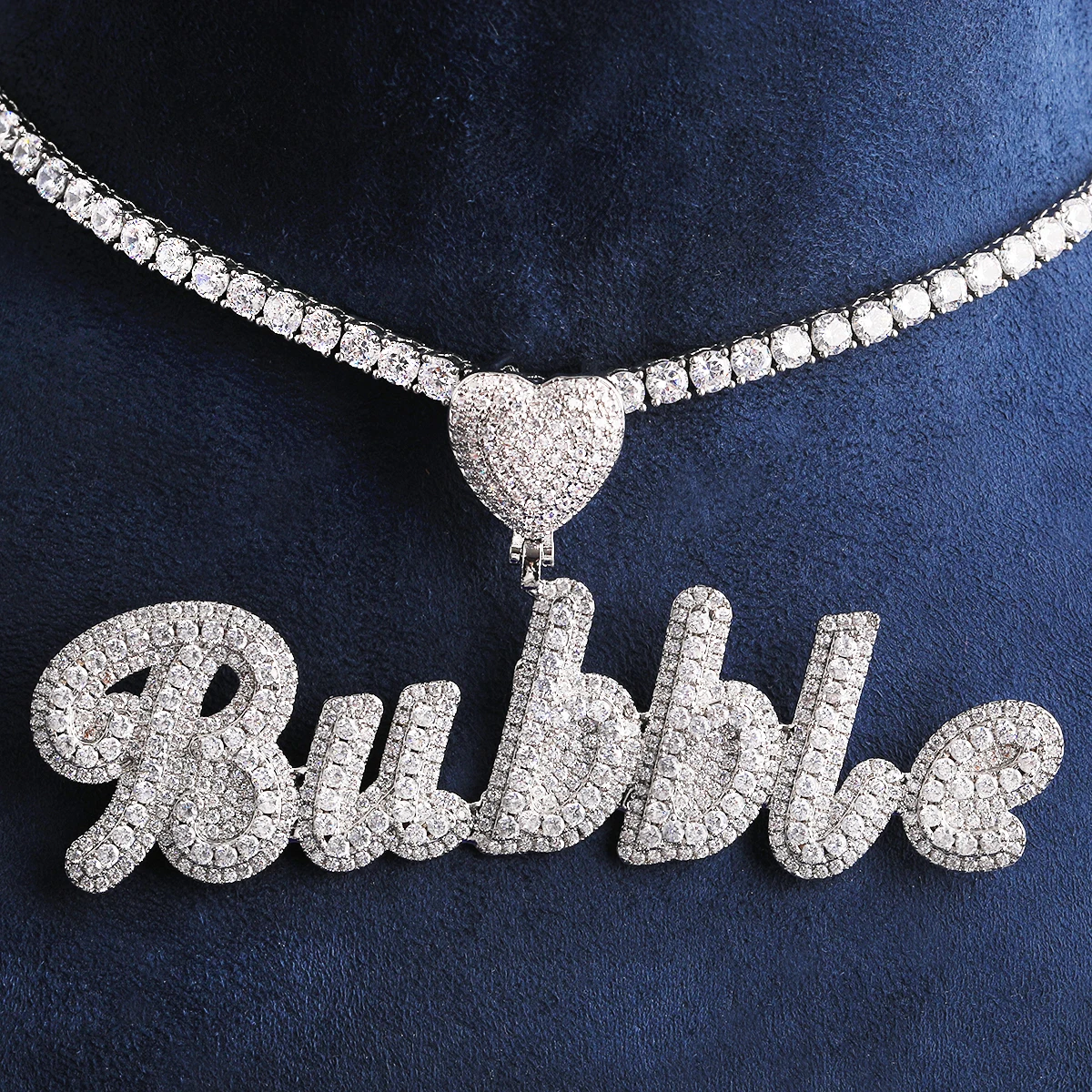 Bubble Letter Iced Out Custom Name Necklace Pendant for Men Heart Bail Real Gold Plated Hip Hop Jewelry