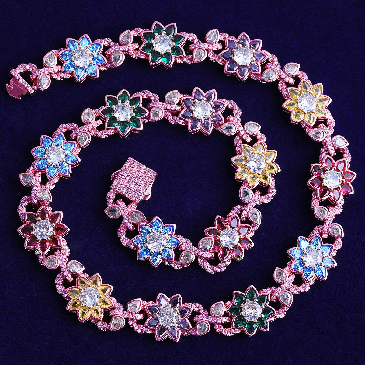 Bubble Letter Iced Out Colorful Flower leaves Necklace Choker for Women Prong Setting Real Gold Plated Hip Hop Jewelry