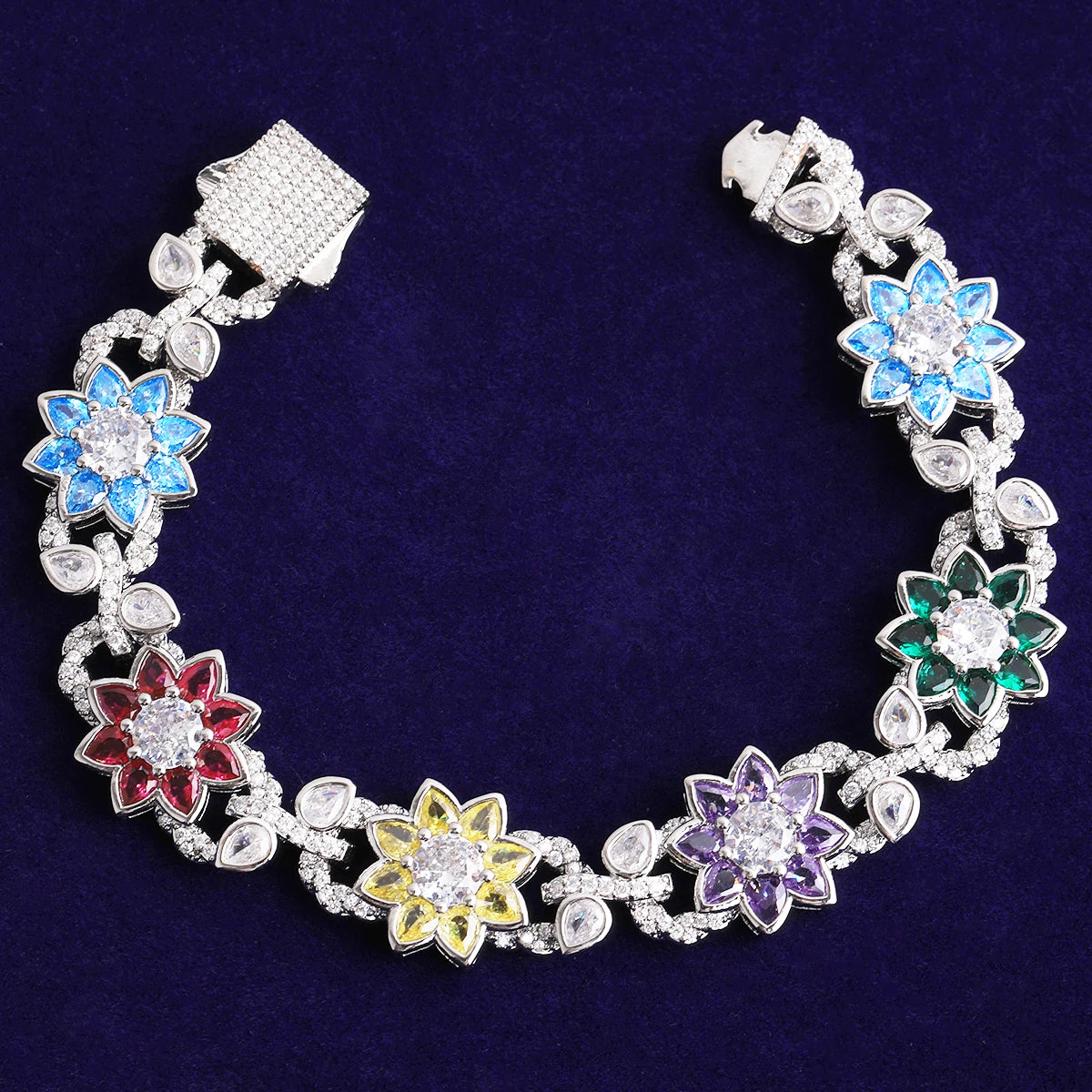 Bubble Letter Iced Out Colorful Flower leaves Bracelet for Women Prong Setting Real Gold Plated Hip Hop Jewelry