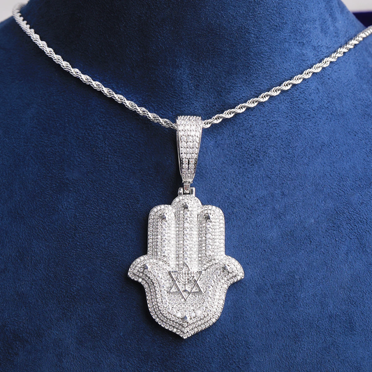 Bubble Letter Iced Out Halma Hand David of Star Necklace Pendant for Men Real Gold Plated 5A Cubic Zirconia Hip Hop Jewelry