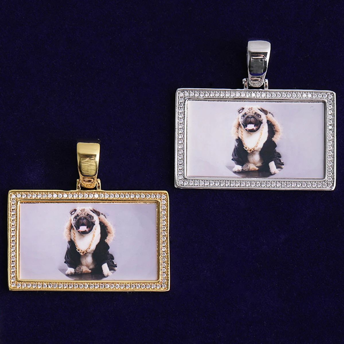 Bubble Letter Iced Out Rectangle Custom Photo Necklace Pendant for Men Real Gold Plated Cubic Zirconia Hip Hop Jewelry