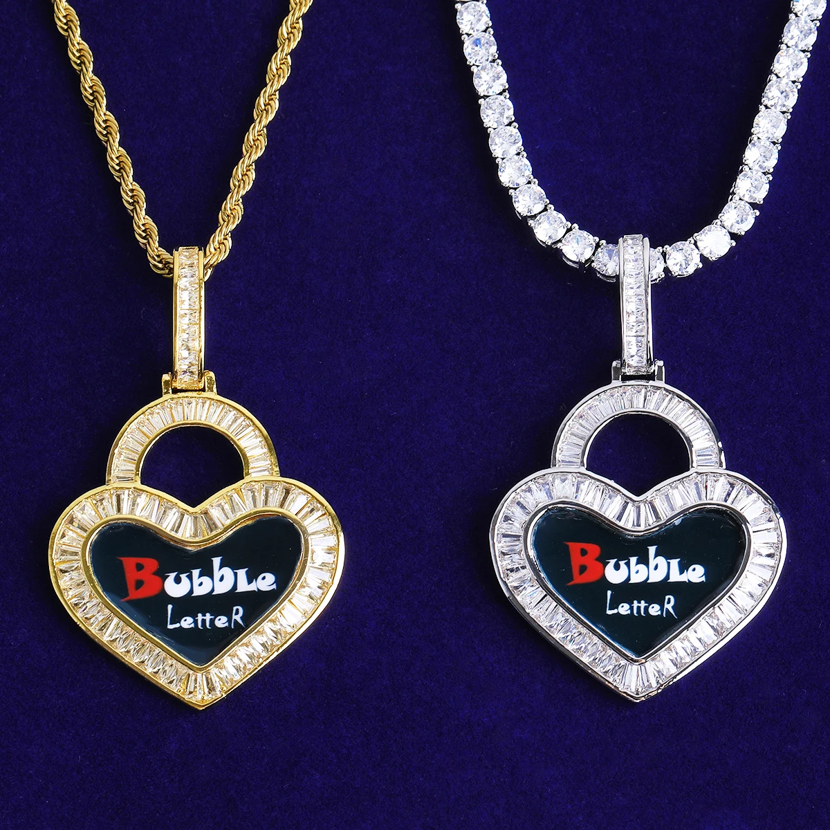 Bubble Letter Iced Out Custom Photo Necklace Pendant for Women Prong Setting 5A Cubic Zirconia Hip Hop Jewelry