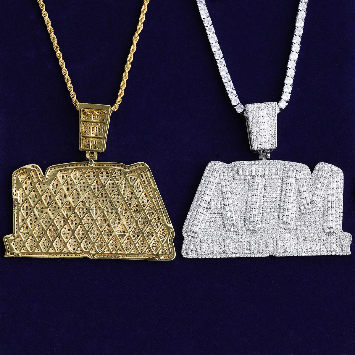 Bubble Letter Iced Out ATM Addicted to Money Necklace Pendant for Men Real Gold Plated 5A Cubic Zirconia Hip Hop Jewelry