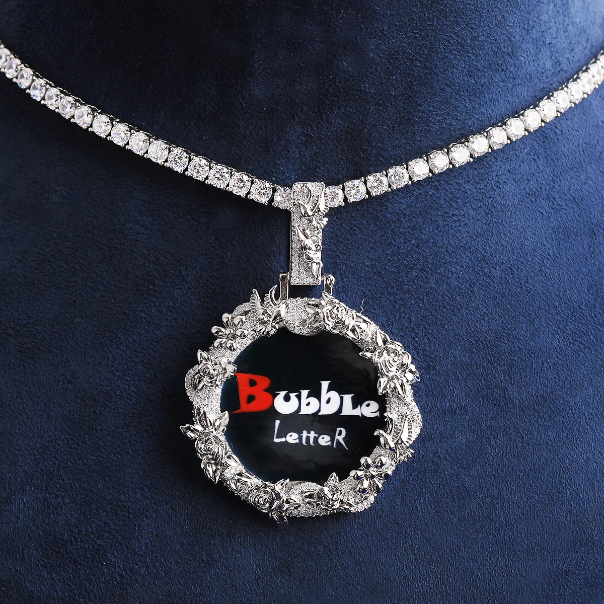 Bubble Letter Iced Out Dove Rose Flower Custom Picture Necklace Pendant for Men Real Gold Plated Cubic Zirconia Hip Hop Jewelry