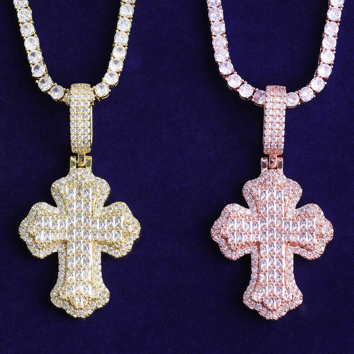 Bubble Letter Iced Out Baguette Cross Necklace Pendant for Women Real Gold Plated Hip Hop Jewelry