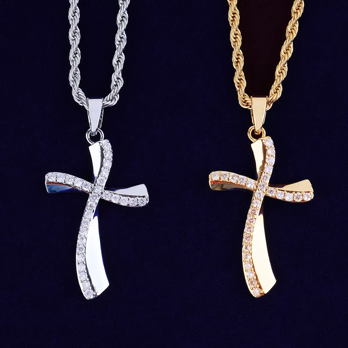 Bubble Letter Crooked Cross Necklace Pendant for Women Prong Setting Cubic Zirconia Hip Hop Jewelry