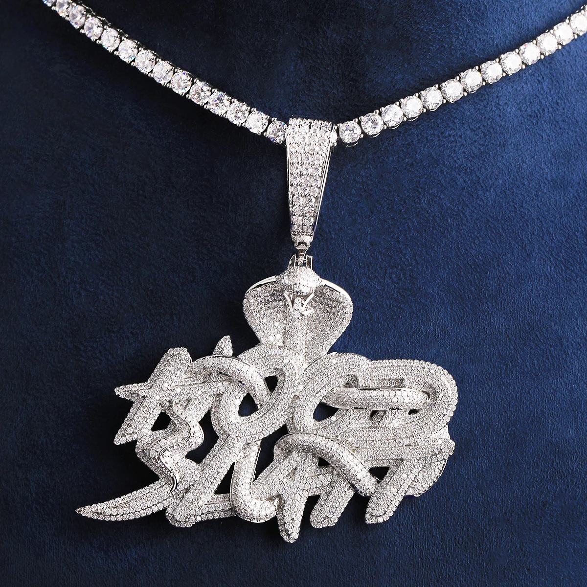 Bubble Letter Iced Out Snake Hood Hustle Necklace Pendant for Men Real Gold Plated Cubic Zirconia Hip Hop Jewelry