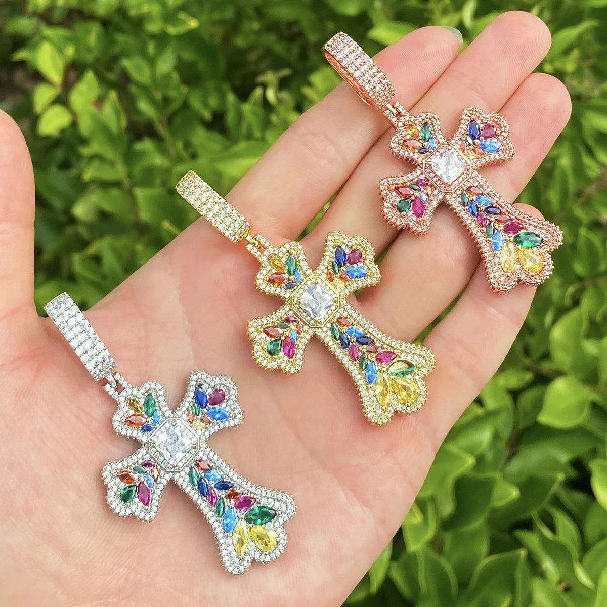 Bubble Letter Iced Out Colorful Cubic Zirconia Cross Necklace Pendant for Men Real Gold Plated 5A Grade Hip Hop Jewelry