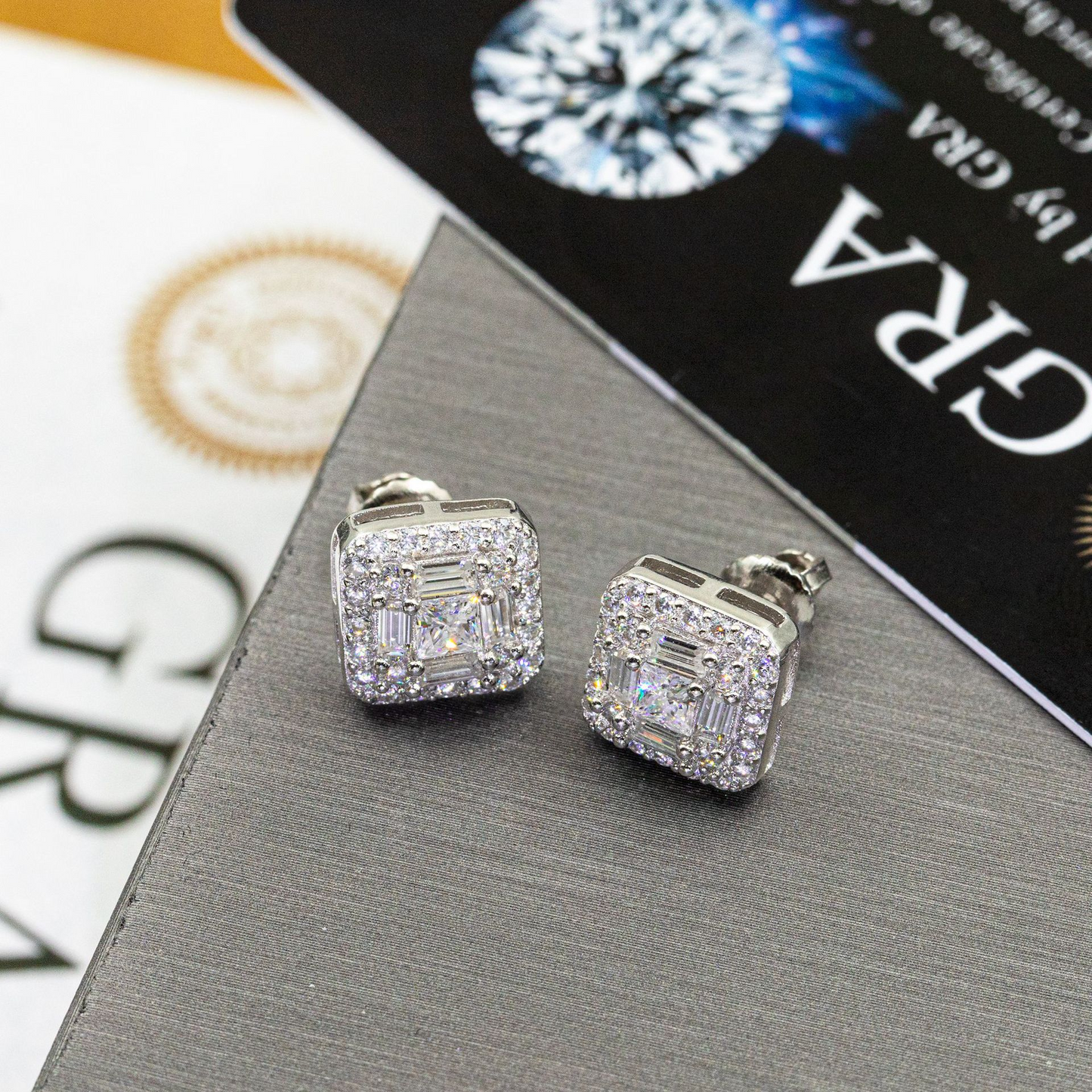 Bubble Letter Silver Moissanite VVS Square Baguette Stud Earring for Men Hip Hop Jewelry
