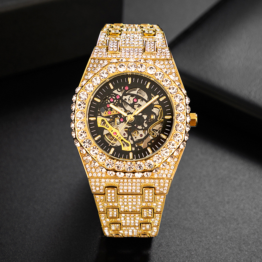 Bubble Letter SELF-WIND MECHANICAL SKELETON ICED OUT DIAMOND WATCH