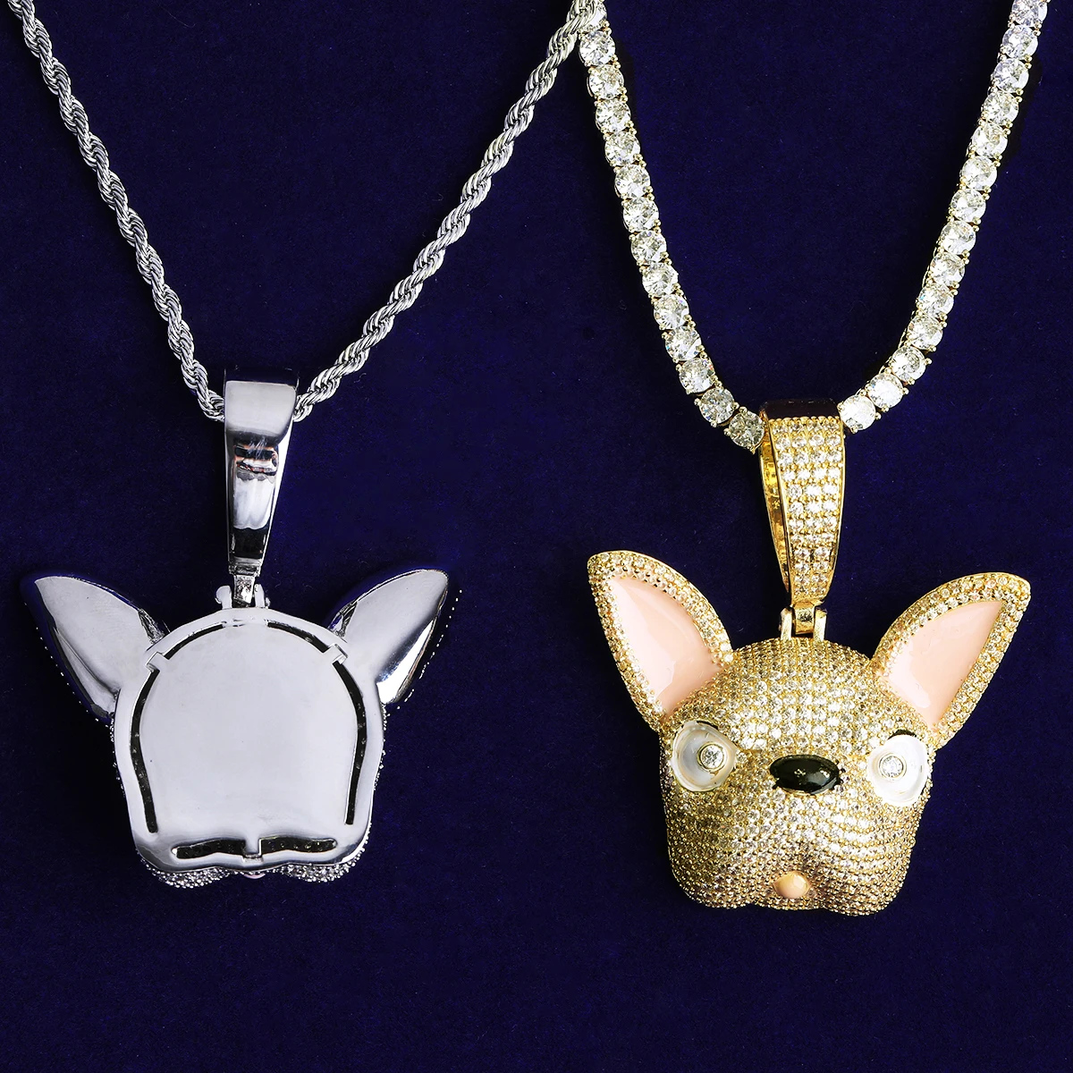 Bubble Letter Iced Out Pink Ears Dog Necklace Pendant for Men Prong Setting 5A Cubic Zirconia Hip Hop Jewelry