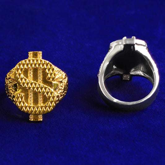 Bubble Letter Dollar Sign Ring for Men Real Gold Plated Hip Hop Jewelry