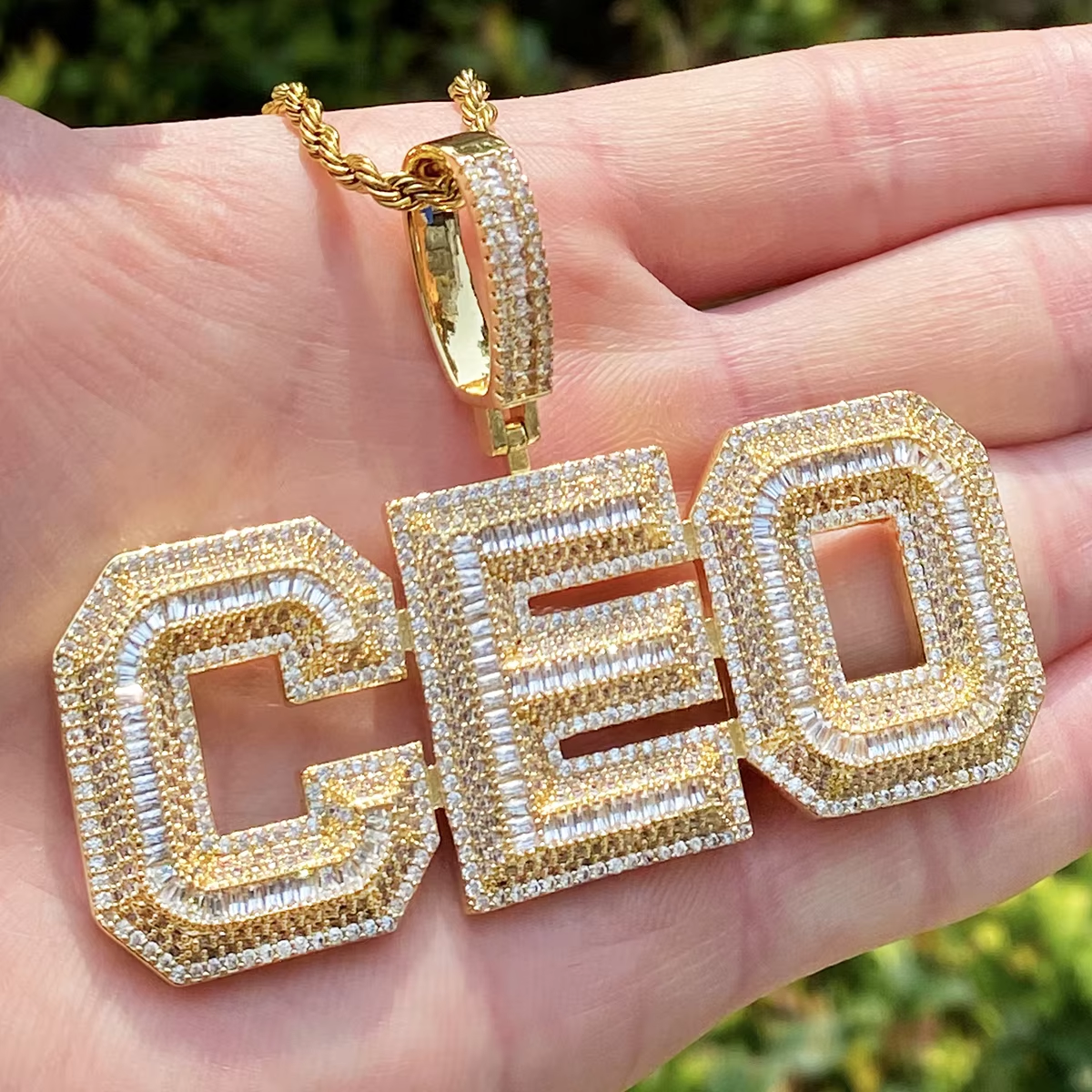 Bubble Letter Iced Out Text Letter CEO Necklace Pendant for Men Real Gold Plated Cubic Zirconia Hip Hop Jewelry