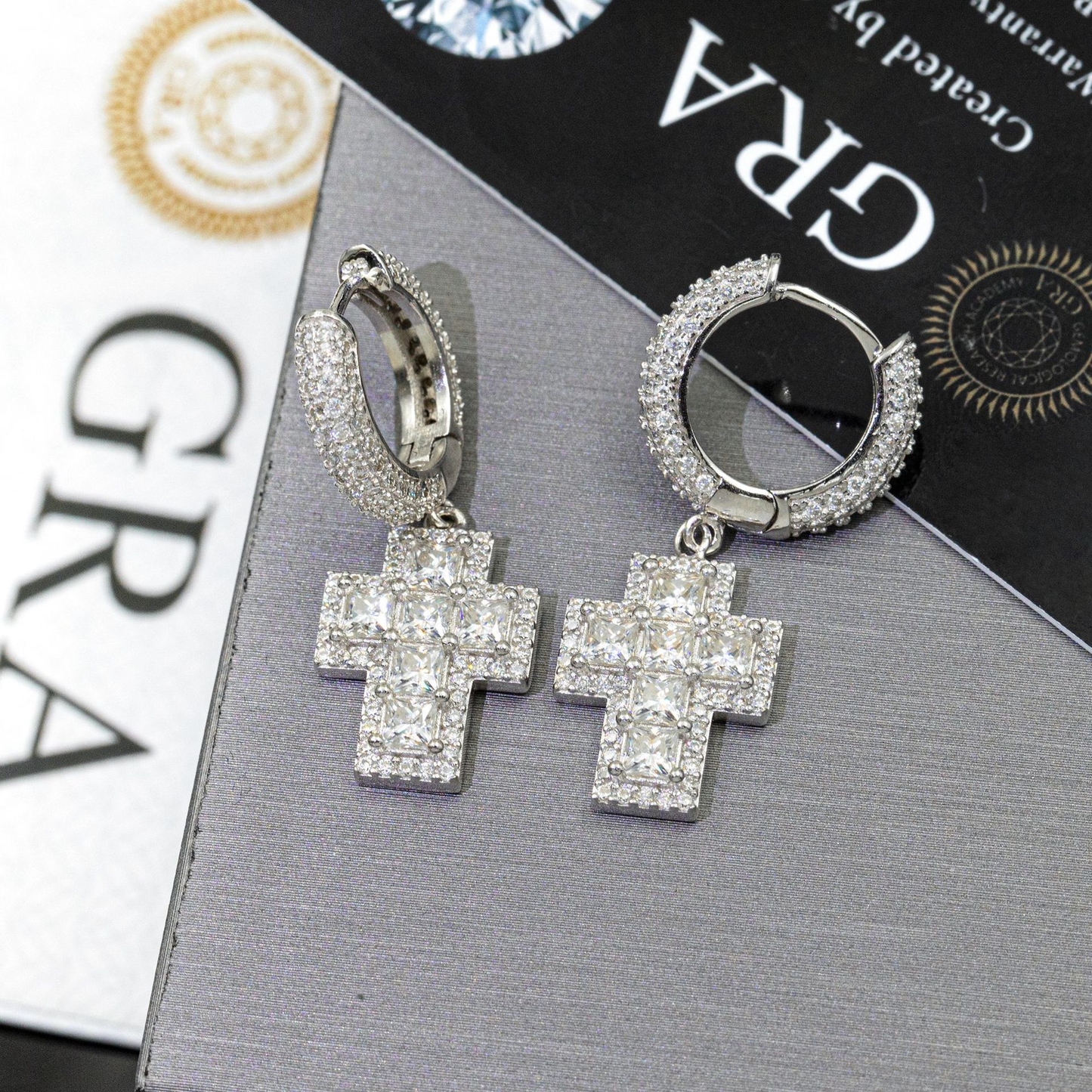 Bubble Letter Silver Moissanite VVS Baguette Cross Eardrop Earring for Men Hip Hop Jewelry