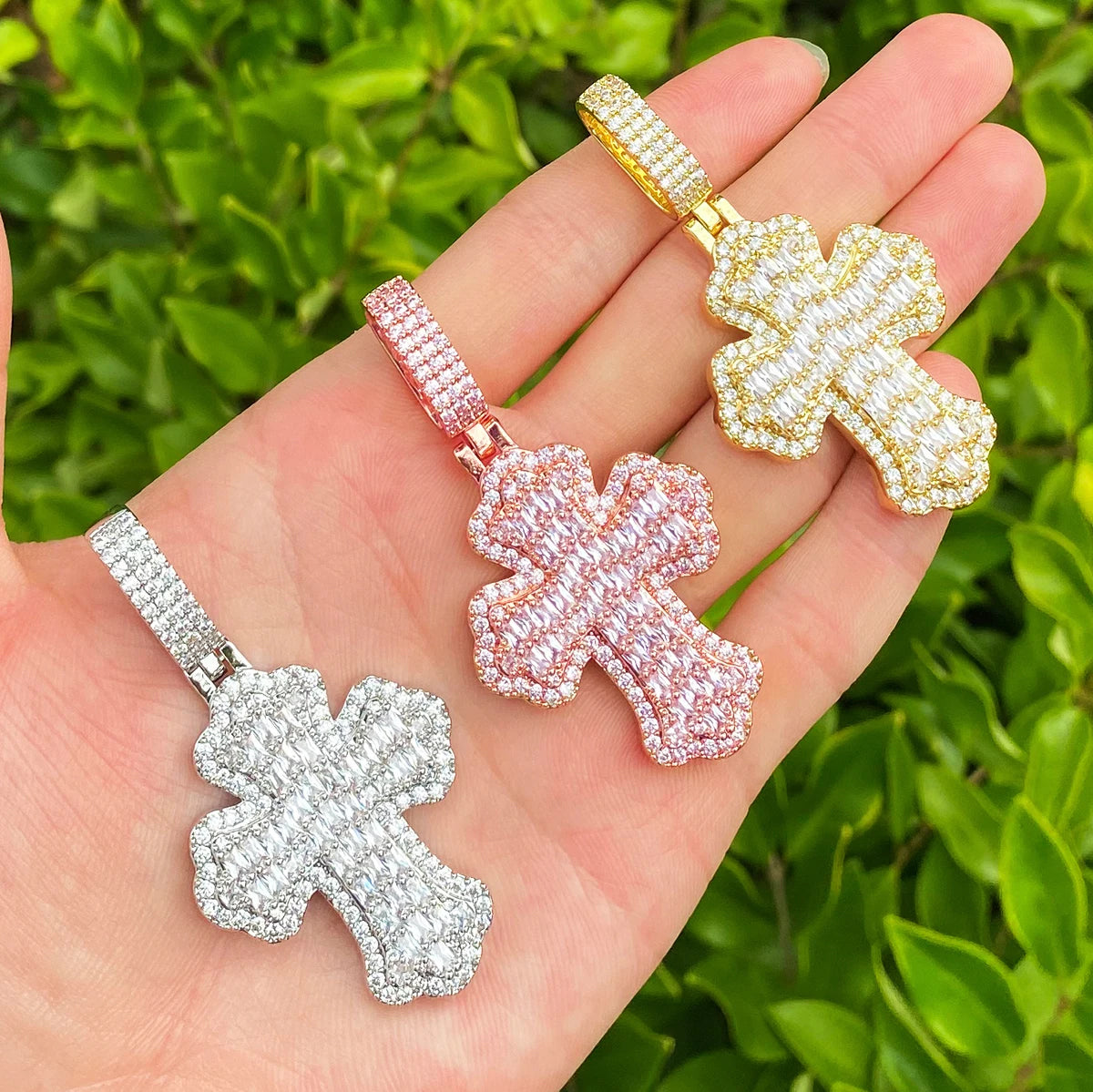 Bubble Letter Iced Out Baguette Cross Necklace Pendant for Women Real Gold Plated Hip Hop Jewelry