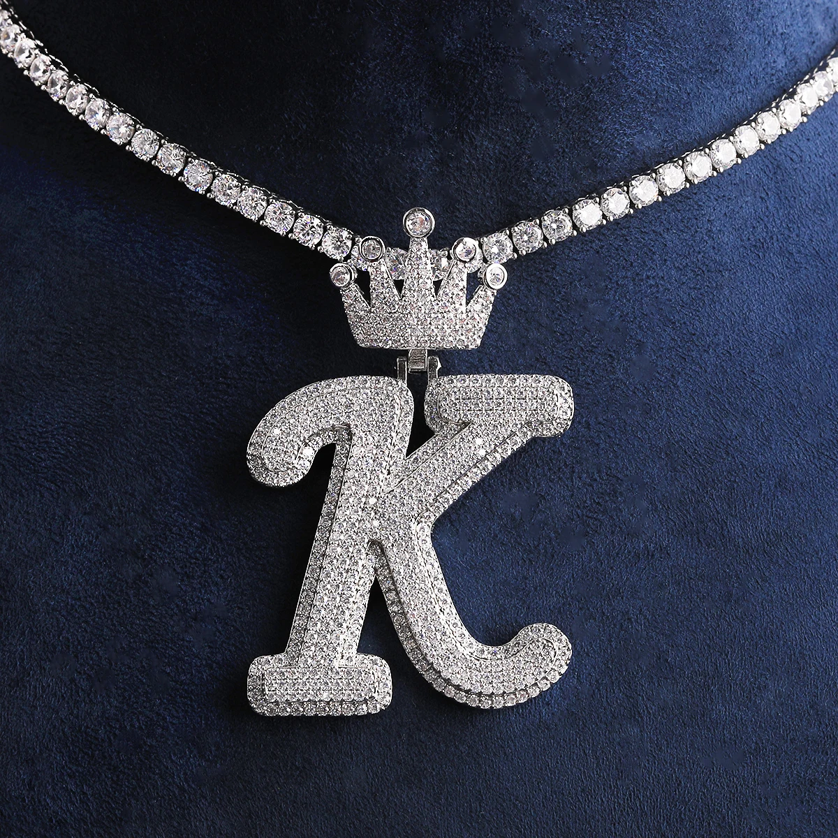 Bubble Letter Iced Out Initial Letter K Crown Bail for Men Necklace Pendant Real Gold Plated Cubic Zirconia Hip Hop Jewelry